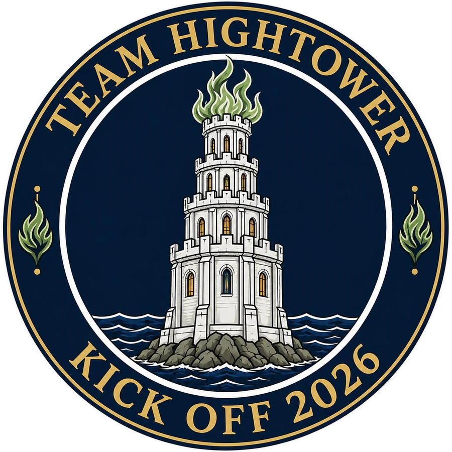 The Team Hightower patch: a white tower with a green flame on a navy field, ringed in gold